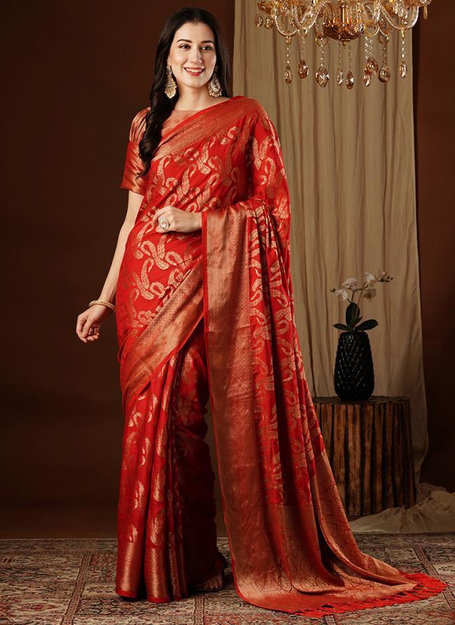 Viscose Dola Silk Red Festival Wear Weaving Saree